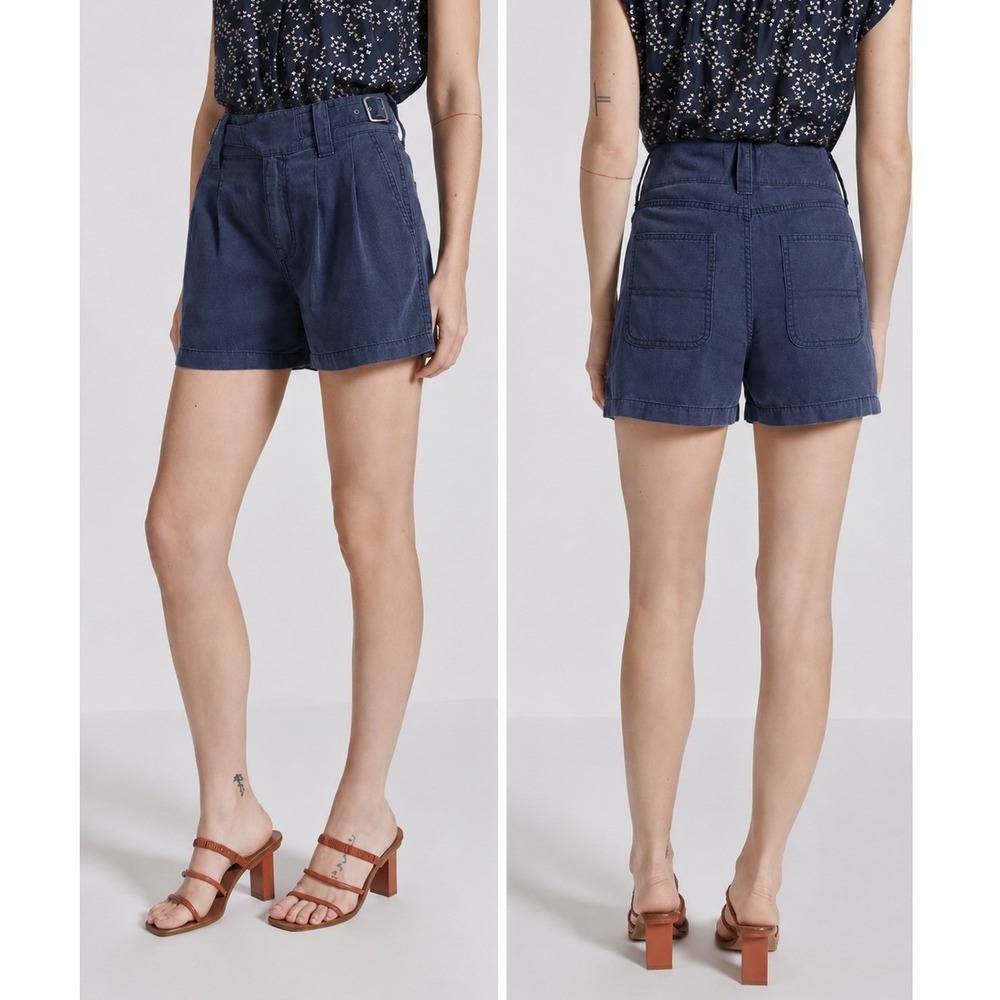 Current/Elliott Navy Pleated High Rise Buckle Shorts 27 Utility Coastal Preppy